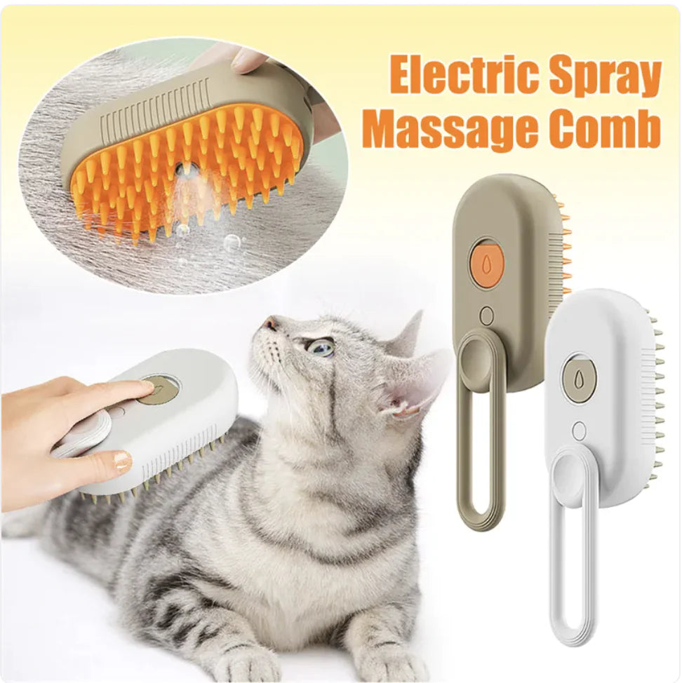 White and brown rechargeable adjustable grooming brushes with steamer for pet massage and deshedding. Kitty is being groomed in the foreground.