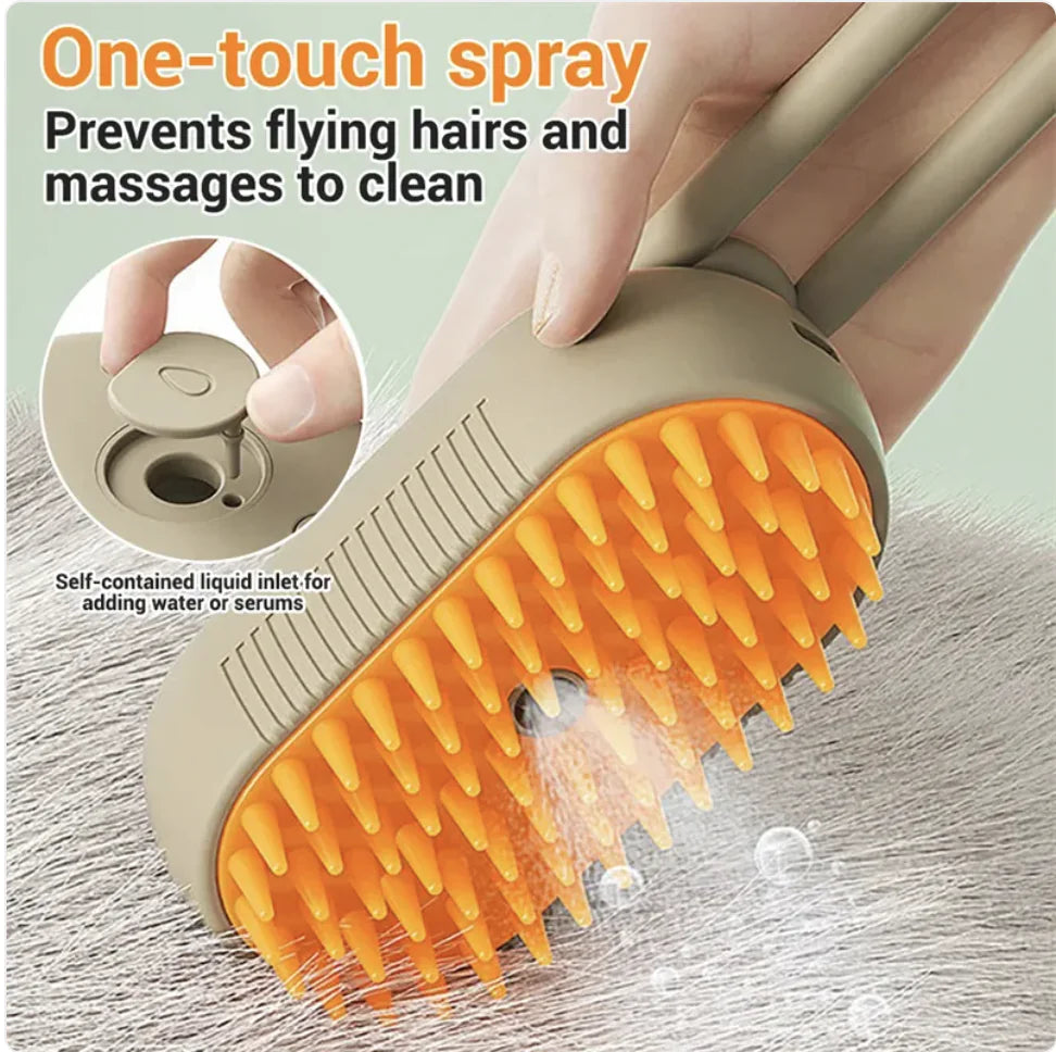 Brown rechargeable adjustable grooming brush with steamer and soft bristles for pet massage and fur deshedding