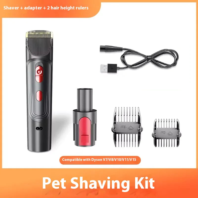 Pet groomer with shaving adapter, extension hose and various attachments on a white background.