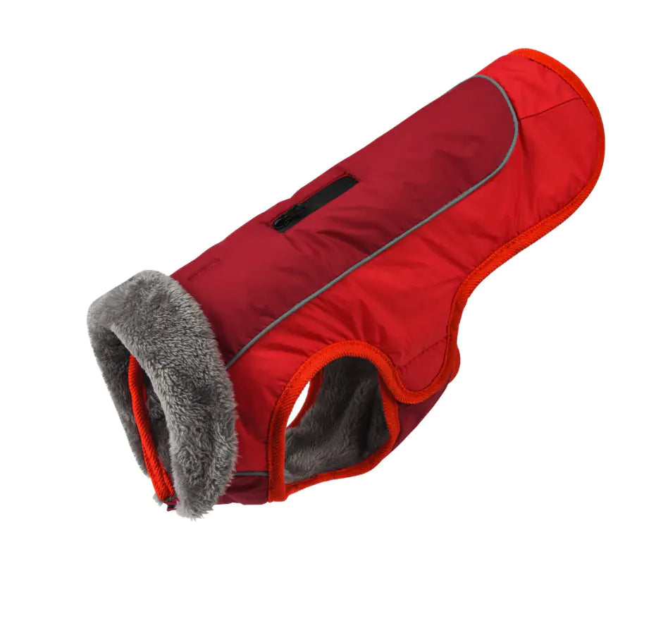 Red (Ruby), waterproof padded dog parka with a faux fur collar and reflective strips on the side.