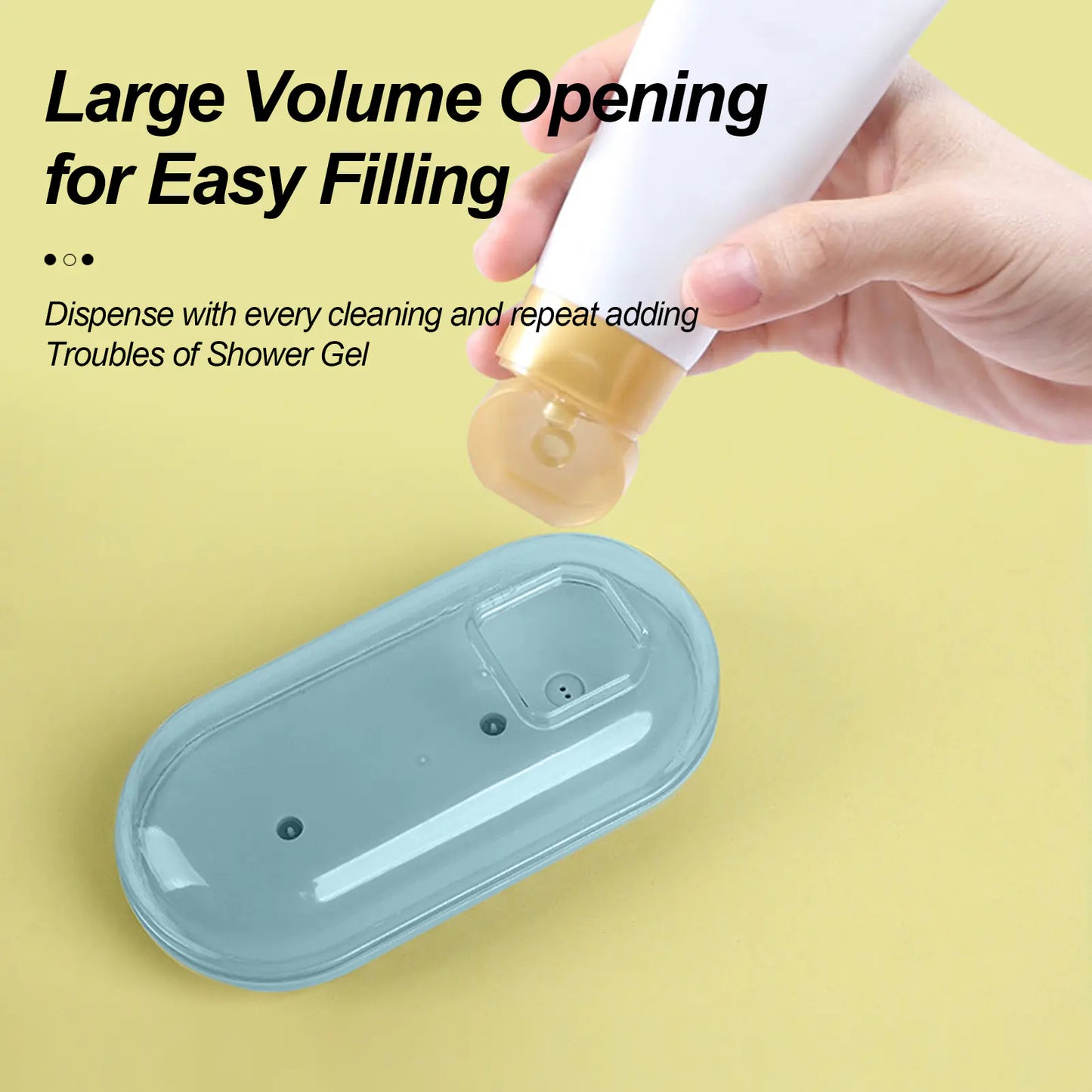 Light Blue (Sky) colored silicone doggy bath brush with a shampoo dispenser being filled in preparation for bathing your pet.