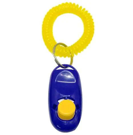 Blue (Ocean) puppy clicker training tool with a key ring and yellow strap, featuring a raised button for easy clicking.