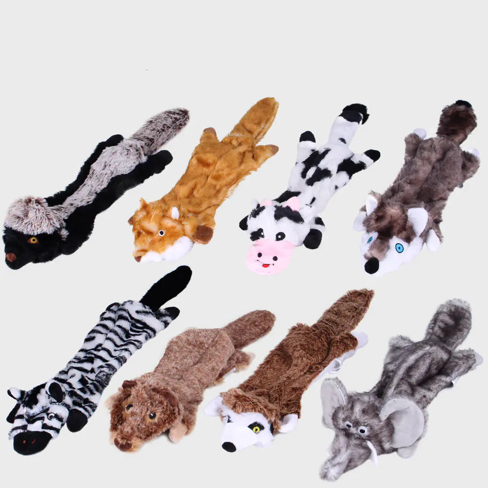 Assorted plush dog chew toys, resembling various animals. Made of soft materials, gentle on teeth, toys reduce pet's anxiety.