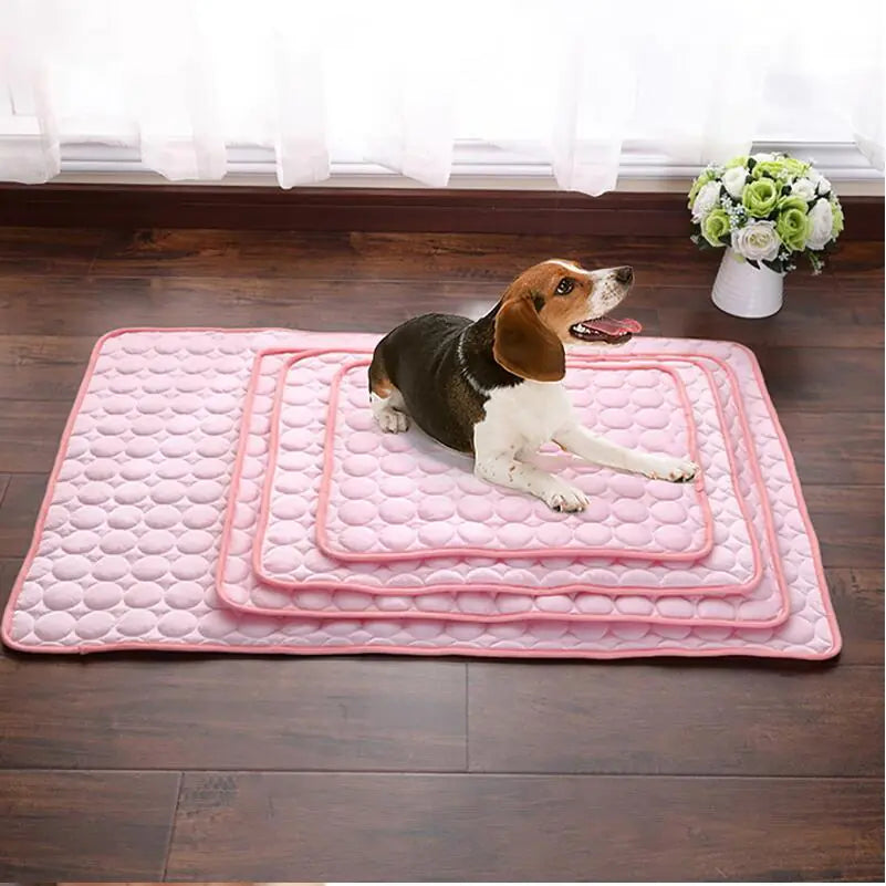 Dog lying on 4 of the pink pet cooling beds of various sizes. These self-cooling mats provide a perfect summer chill spot.