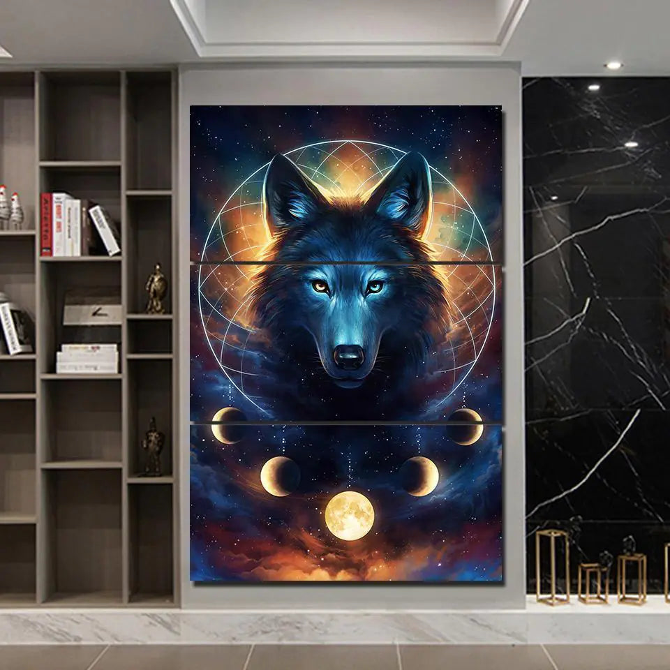 A 3-panel canvas wall art set featuring a stylized wolf with a cosmic and celestial theme, displayed in a modern interior setting.