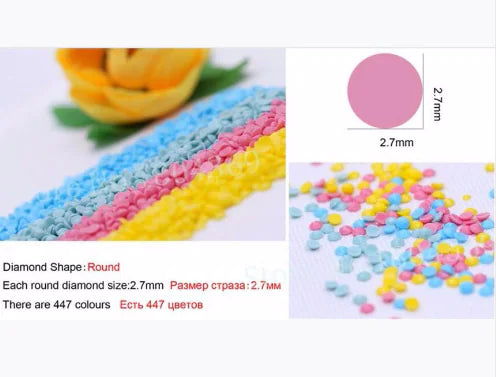 Colorful round diamond-shaped beads used in diamond kit paintings with size measurement and color variety.