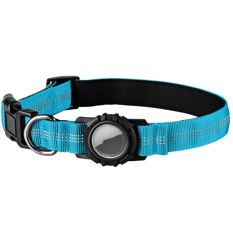Durable cotton Blue (Lake) AirTag Dog Tracker Collar that is reflective and waterproof for your pet's safety.