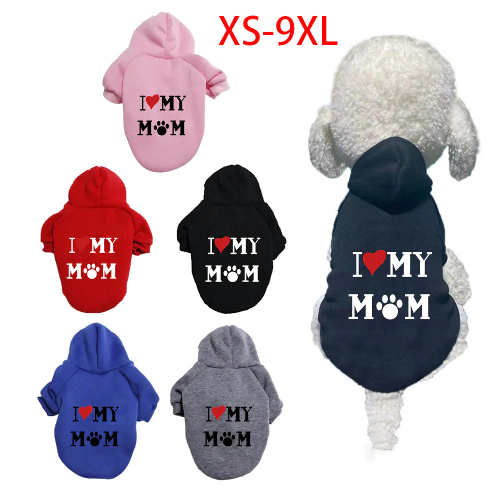 Collection of dog hoodies with 'I ❤️ MY MOM' text in various colors on a white background.