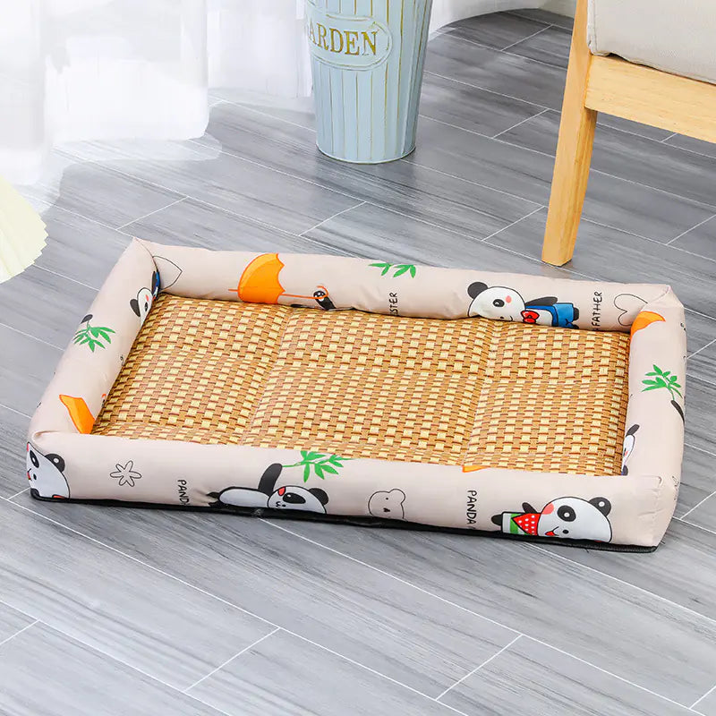 Rectangular pet cooling mat with a beige border and a beige center, on the floor creating a dog chill spot.