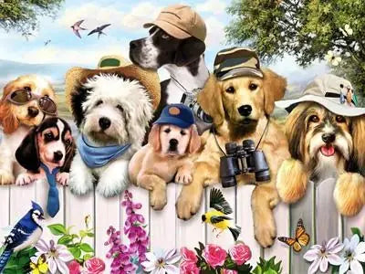 A completed dog diamond painting kit showing dogs with various accessories positioned on a fence, with a colorful floral background.