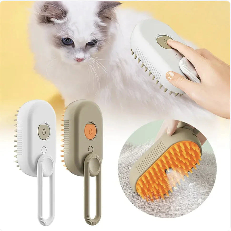 White and brown rechargeable adjustable grooming brushes with steamer for pet massage and deshedding. Kitty is being groomed in the background.
