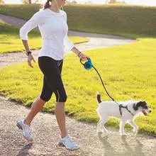 Woman and puppy using a retractable leash as they enjoy a brisk walk.