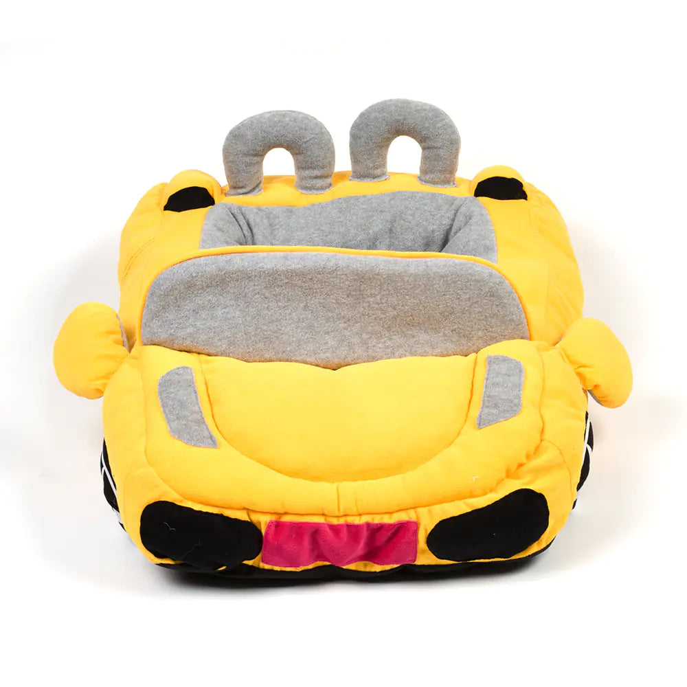 Yellow and gray plush luxury pet bed on a white background