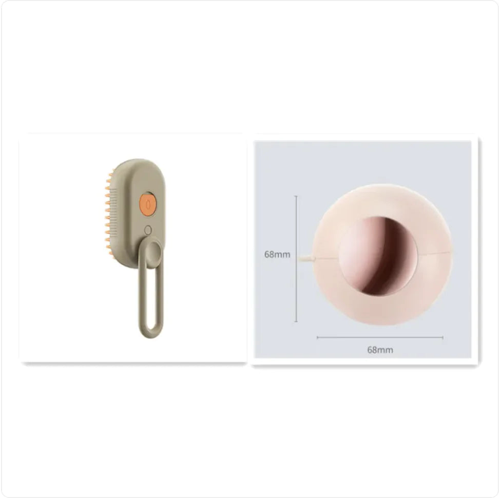 Brown rechargeable adjustable grooming brush with steamer and soft bristles for pet massage and fur deshedding with accompanying glue machine.