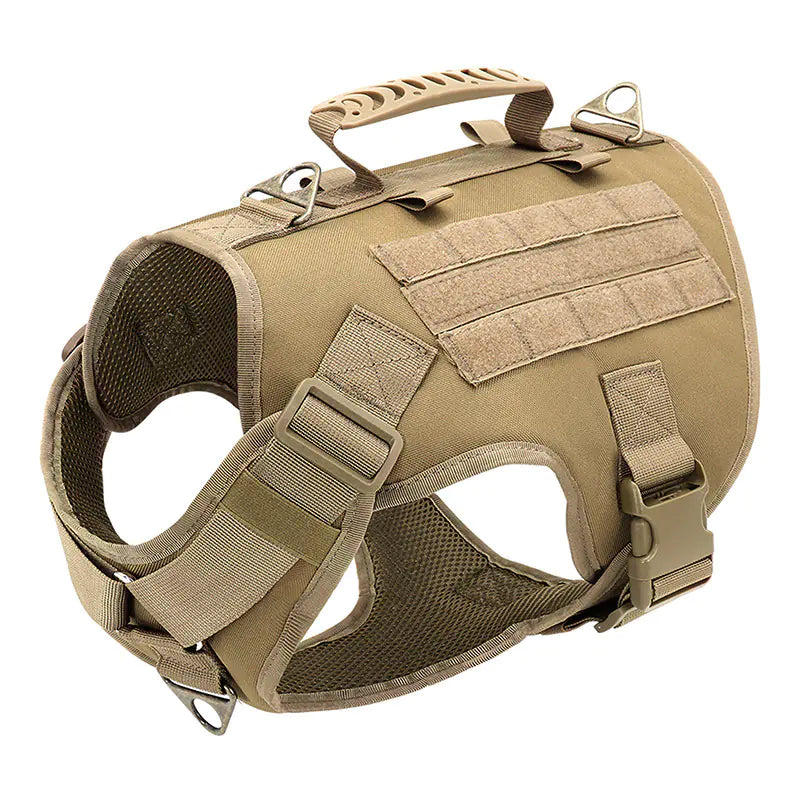 Brown (Khaki) tactical dog harness on a white background