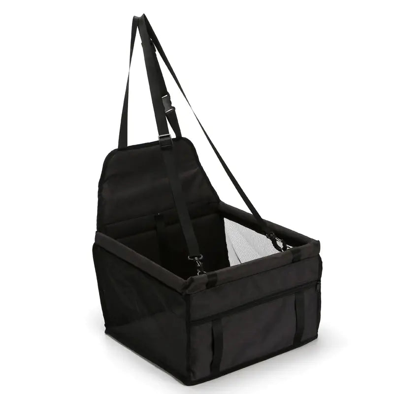 A Black (Midnight) foldable dog safety seat car bag with adjustable straps and a mesh window.