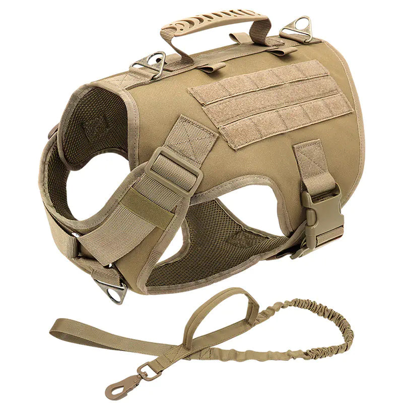 Brown (Khaki) tactical dog vest with a leash on a white background