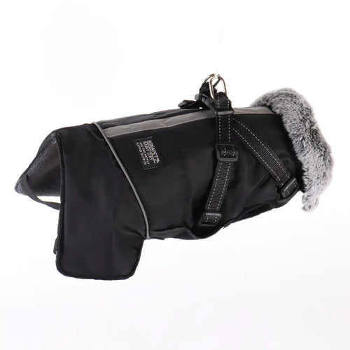 Black (Matte) Waterproof Reflective Pet Warm Fur Collar Jacket with black straps and a plush faux fur collar.