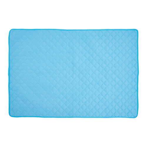 Blue non-toxic breathable pet cooling mat. lightweight and pressure-activated cooling design. A perfect dog chill spot.