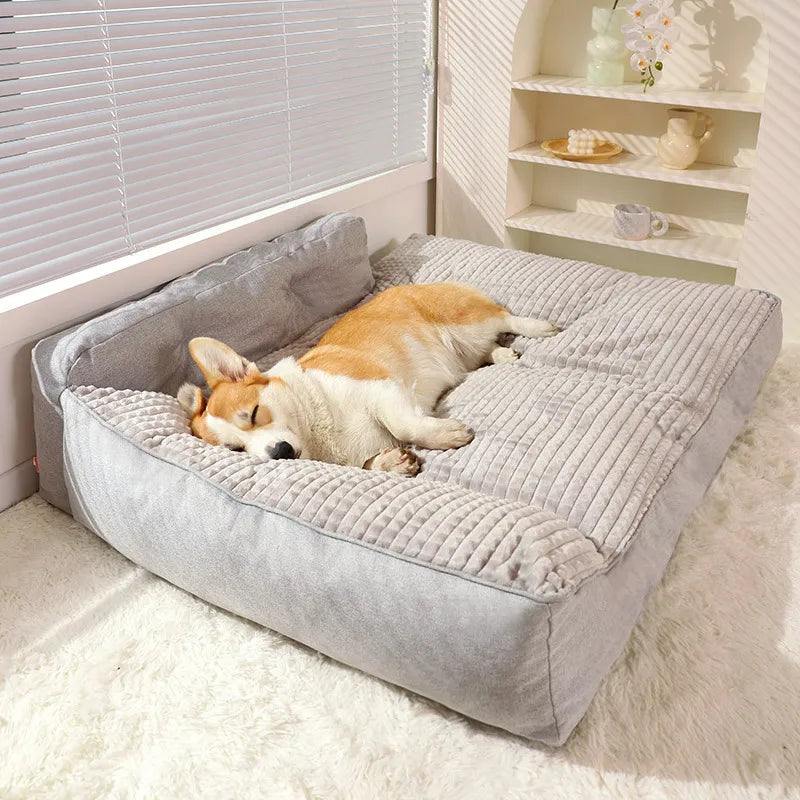 A doggy lying comfortably on a Gray (Mist) luxury comfort pet bed. Made of high density memory foam.