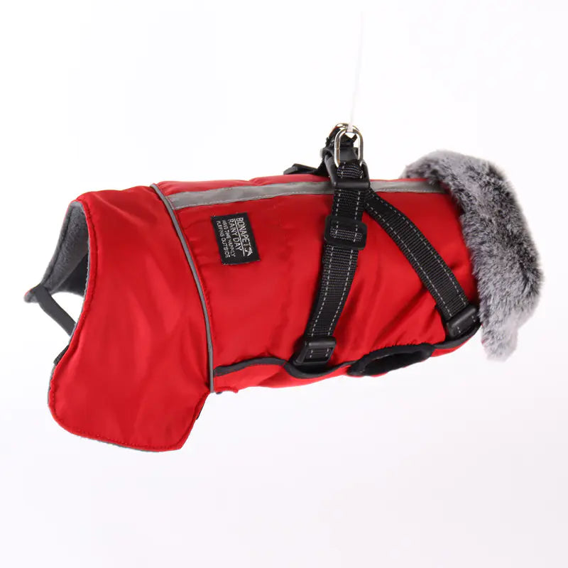 Red (Ruby) Waterproof Reflective Doggie Warm Fur Collar Jacket with black straps and a plush faux fur collar.