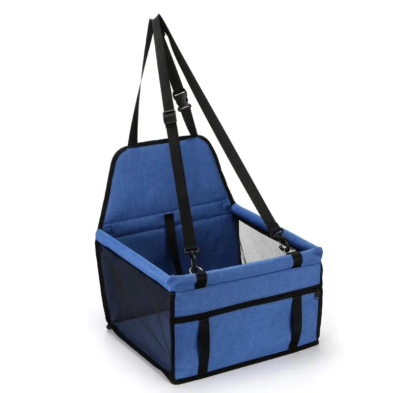 A Blue (Lake) foldable doggy safety seat car bag with adjustable straps and a mesh window.