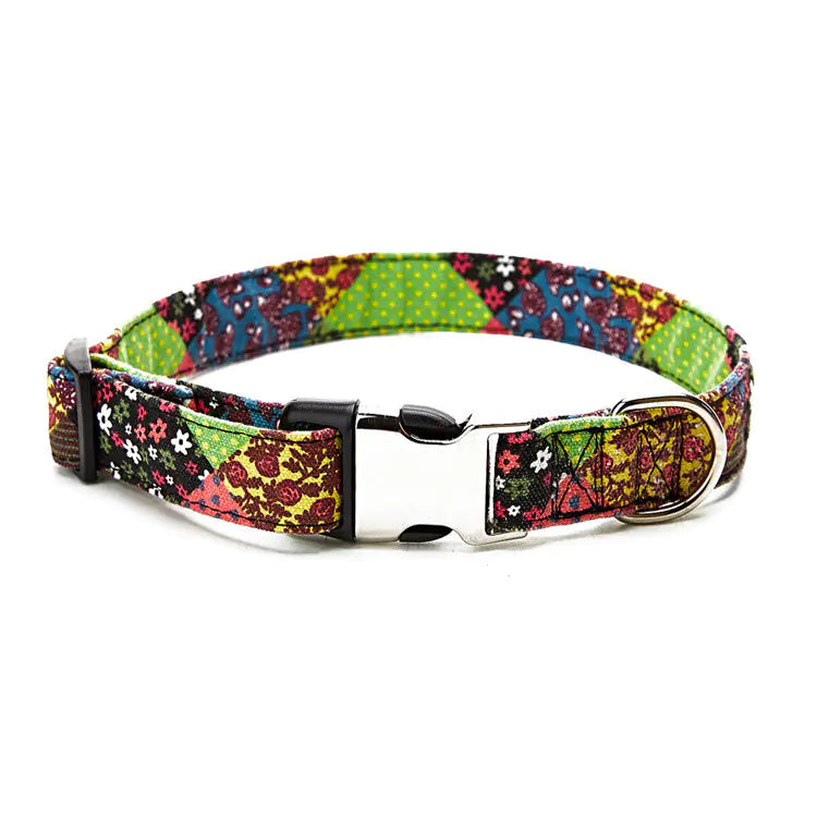 Colorful floral-patterned dog collar with a metal buckle