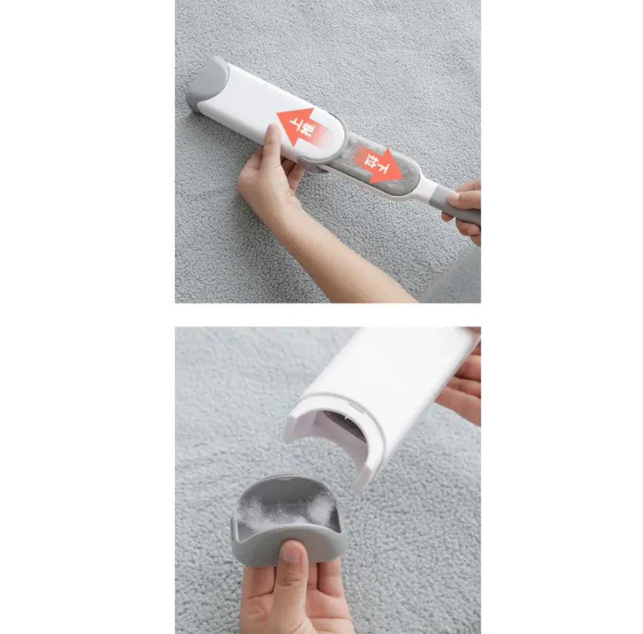 Hand using an electrostatic cleaning tool on a textured surface with close-up of pet hair being removed from the container.
