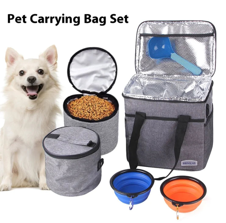 Gray (Mist) pet carrying bag set is shown. There is room for food, water, and supplies for travel with your dog.