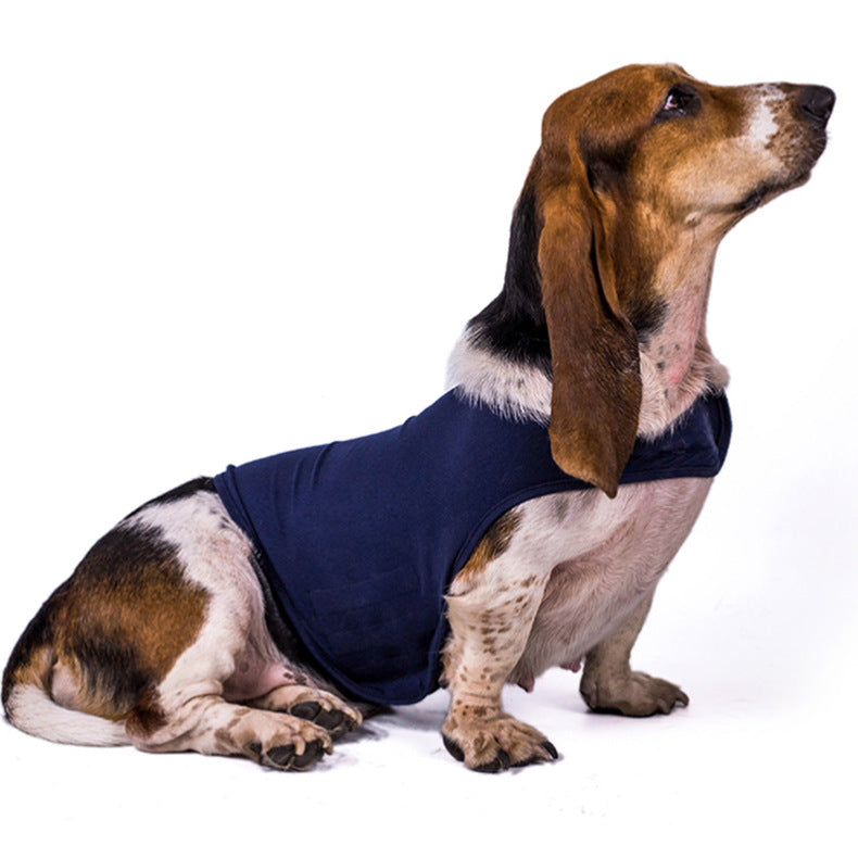 Doggie wearing Navy (Deep Sea) anxiety relief jacket vest. Acrylic vest is breathable and fits snugly but comfortably.