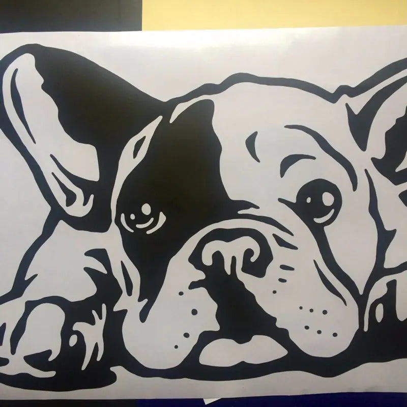 A large black and white wall decal of a French Bulldog looking to the side.