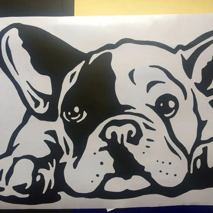 A large black and white wall decal of a French Bulldog looking to the side.