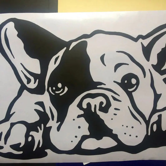 A large black and white wall decal of a French Bulldog looking to the side.
