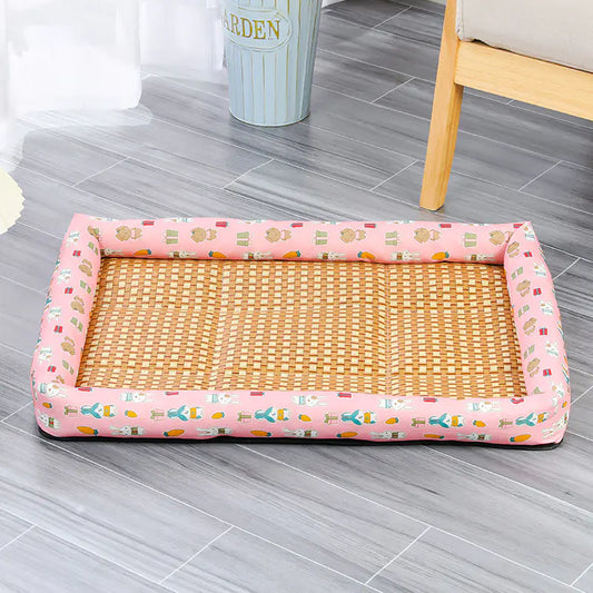Rectangular pink pet cooling mat with a pink border and a beige center, on the floor creating a dog chill spot.