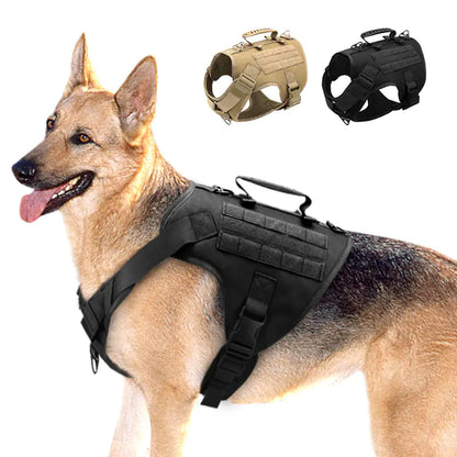 German Shepherd Dog wearing a Black (Midnight) tactical harness with two additional harnesses in Brown (Khaki) and Black (Midnight) displayed above.