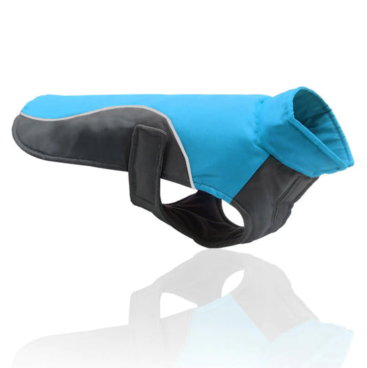 Blue and gray waterproof reflective dog jacket. Pet coat is reflective with an adjustable fit.