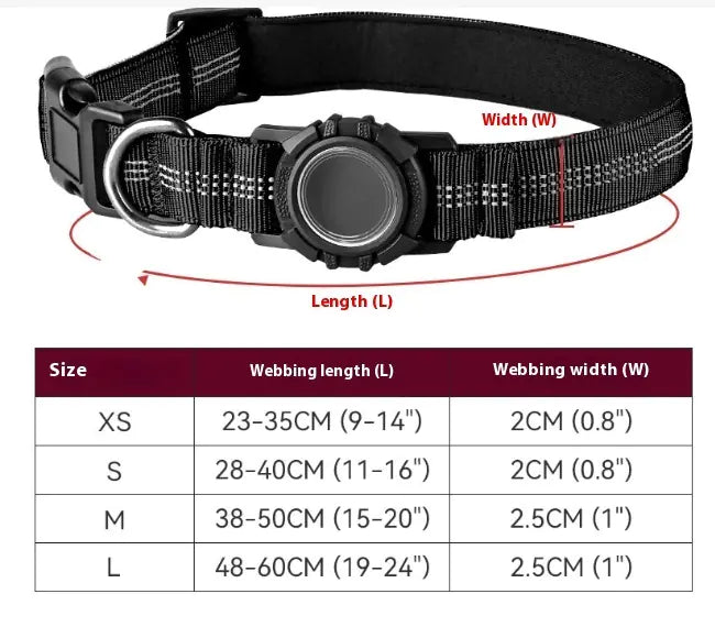 Durable cotton Black (Midnight) AirTag Pet Tracker Collar that is reflective and waterproof for your pet's safety with measurement details and size chart.
