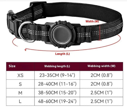 Durable cotton Black (Midnight) AirTag Pet Tracker Collar that is reflective and waterproof for your pet's safety with measurement details and size chart.
