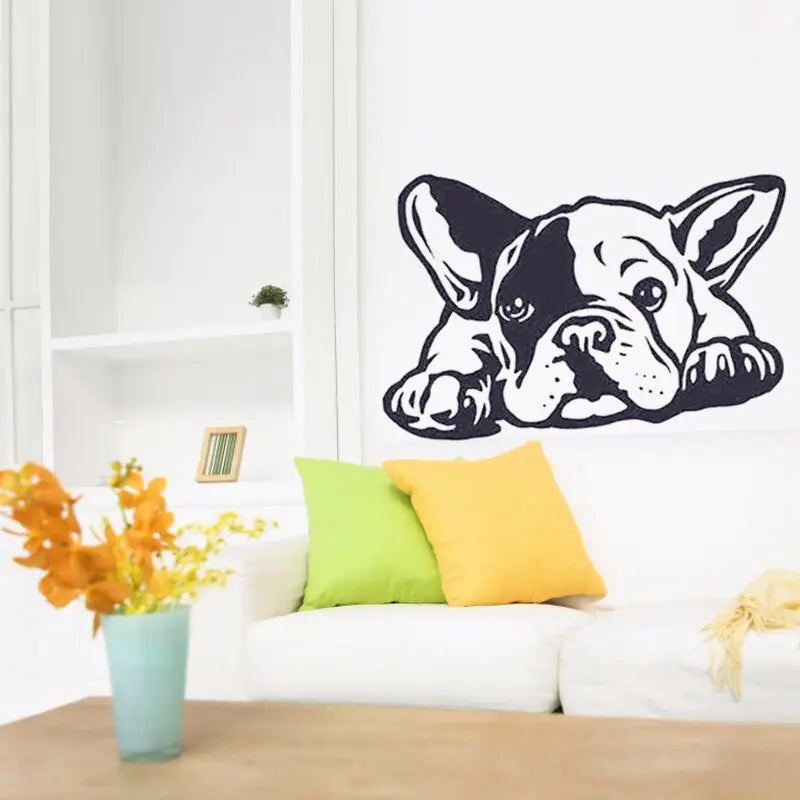 Living room with a French Bulldog Decal above a white sofa and colorful cushions.