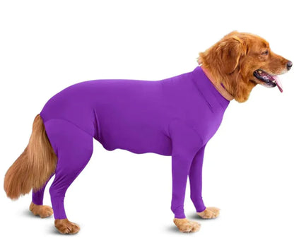 Dog wearing a Purple (Lavender) anxiety relief jumpsuit. Soft and breathable jumpsuit applies gentle pressure to reduce stress.