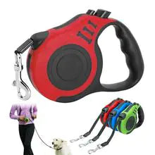 Red (Ruby) and black retractable dog leash with multiple color options displayed.