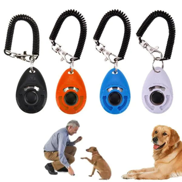 Collection of drop-shaped pet training clickers in various colors, with an owner and pet in the background.