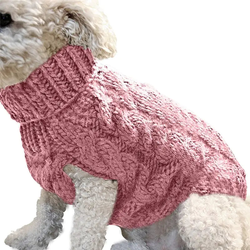Dog wearing a soft dark Pink (Bubblegum) wool blend sweater. This sweater is a stylish and warm option when walking your pet on chilly days.