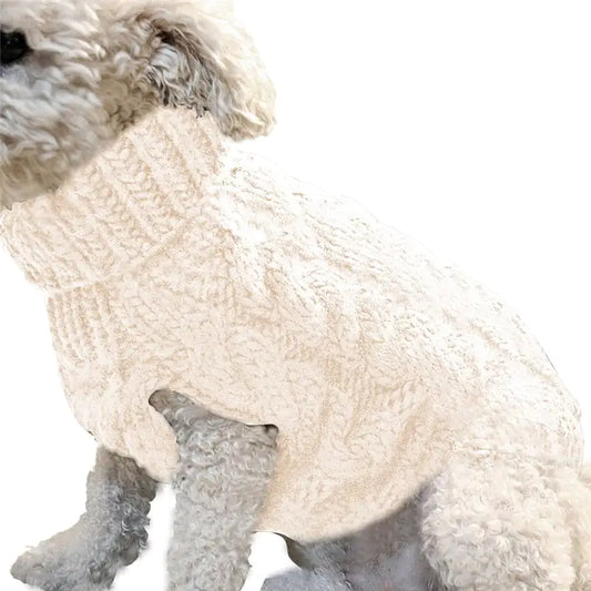 Dog wearing a soft White (Pearl) wool blend sweater. This sweater is a stylish and warm option when walking your pet on chilly days.