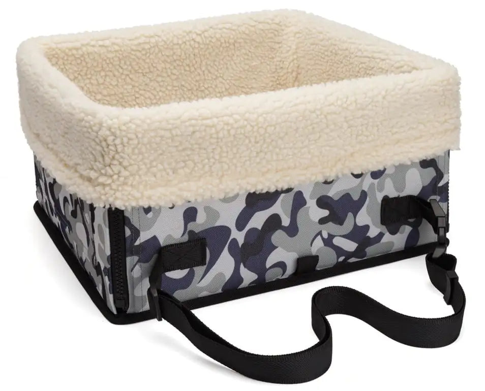 Camouflage (Gray) dog car booster seat with beige interior and adjustable black straps. Carrier is lightweight & foldable.