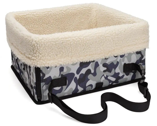 Camouflage (Gray) dog car booster seat with beige interior and adjustable black straps. Carrier is lightweight & foldable.