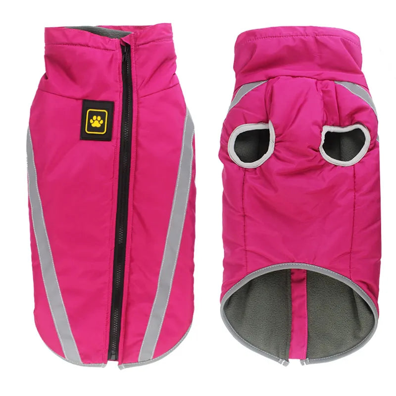 A pink windproof puppy jacket with cutouts for the dog's legs. Featuring  adjustable straps & velcro for a snug 