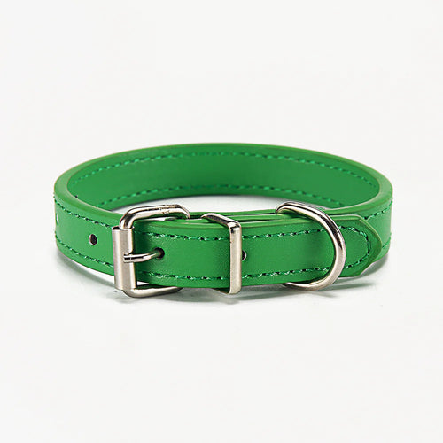 Soft adjustable Green (Forest) leather dog collar with silver buckle on a white background