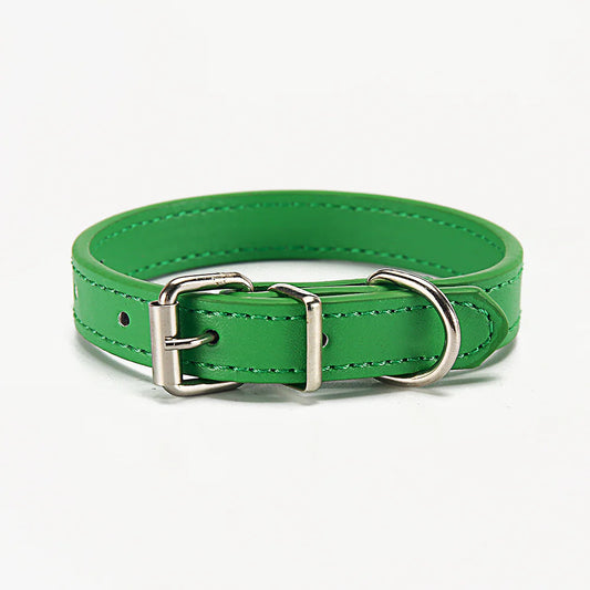 Soft adjustable Green (Forest) leather dog collar with silver buckle on a white background