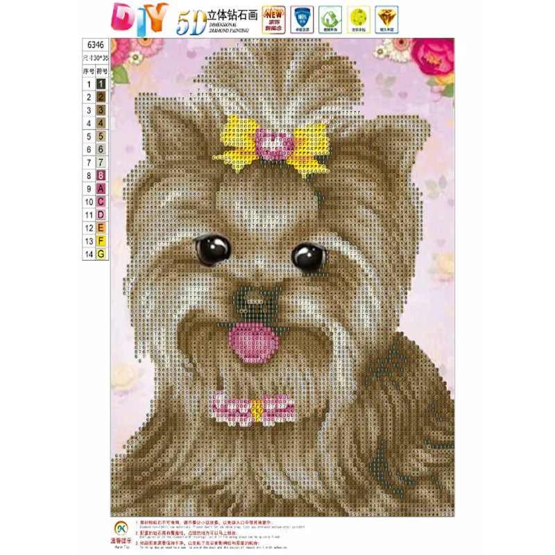 Completed Glam Pup Diamond Art Kit with related icons opn the border.